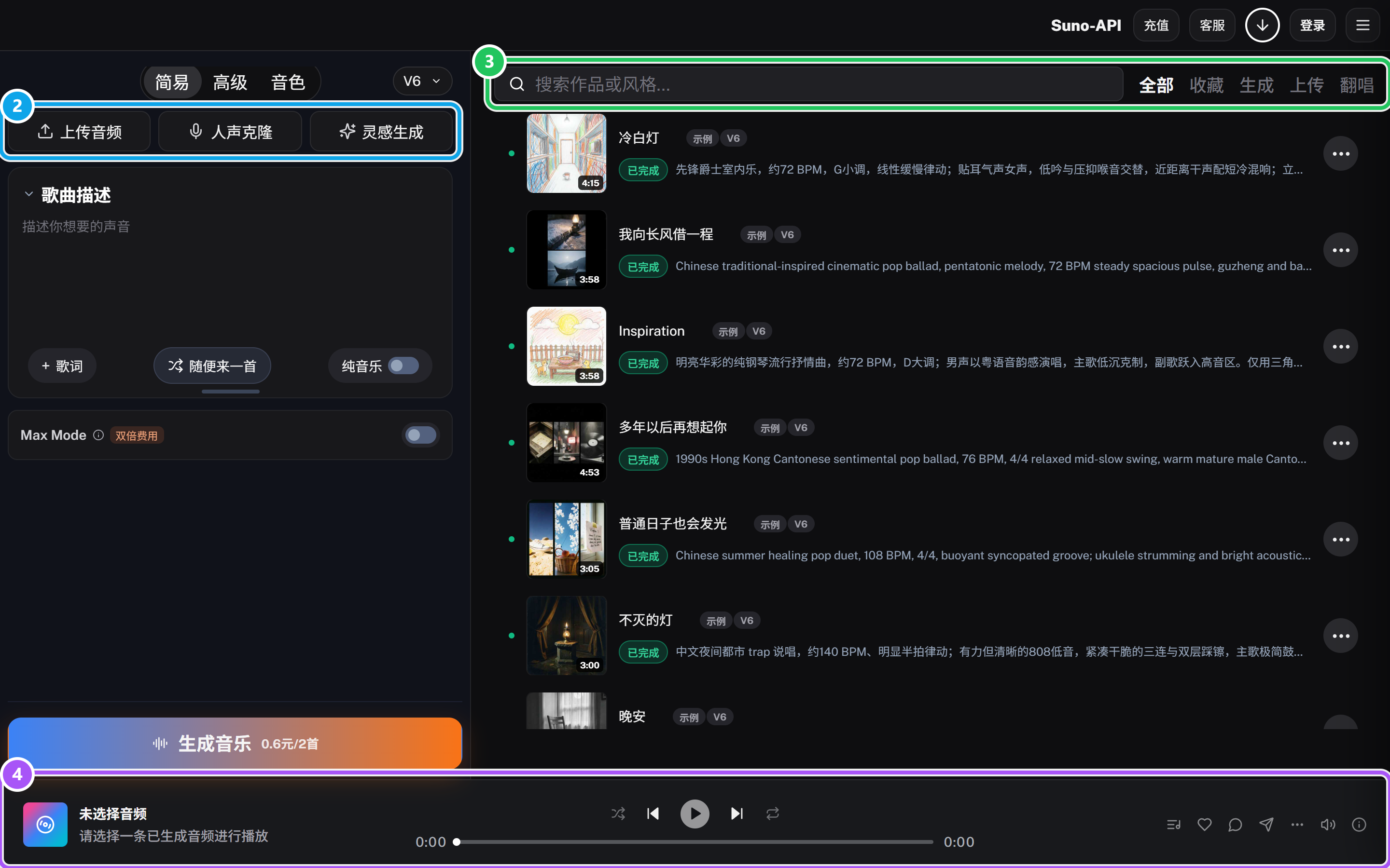 工作台界面地图,四个区域分别编号