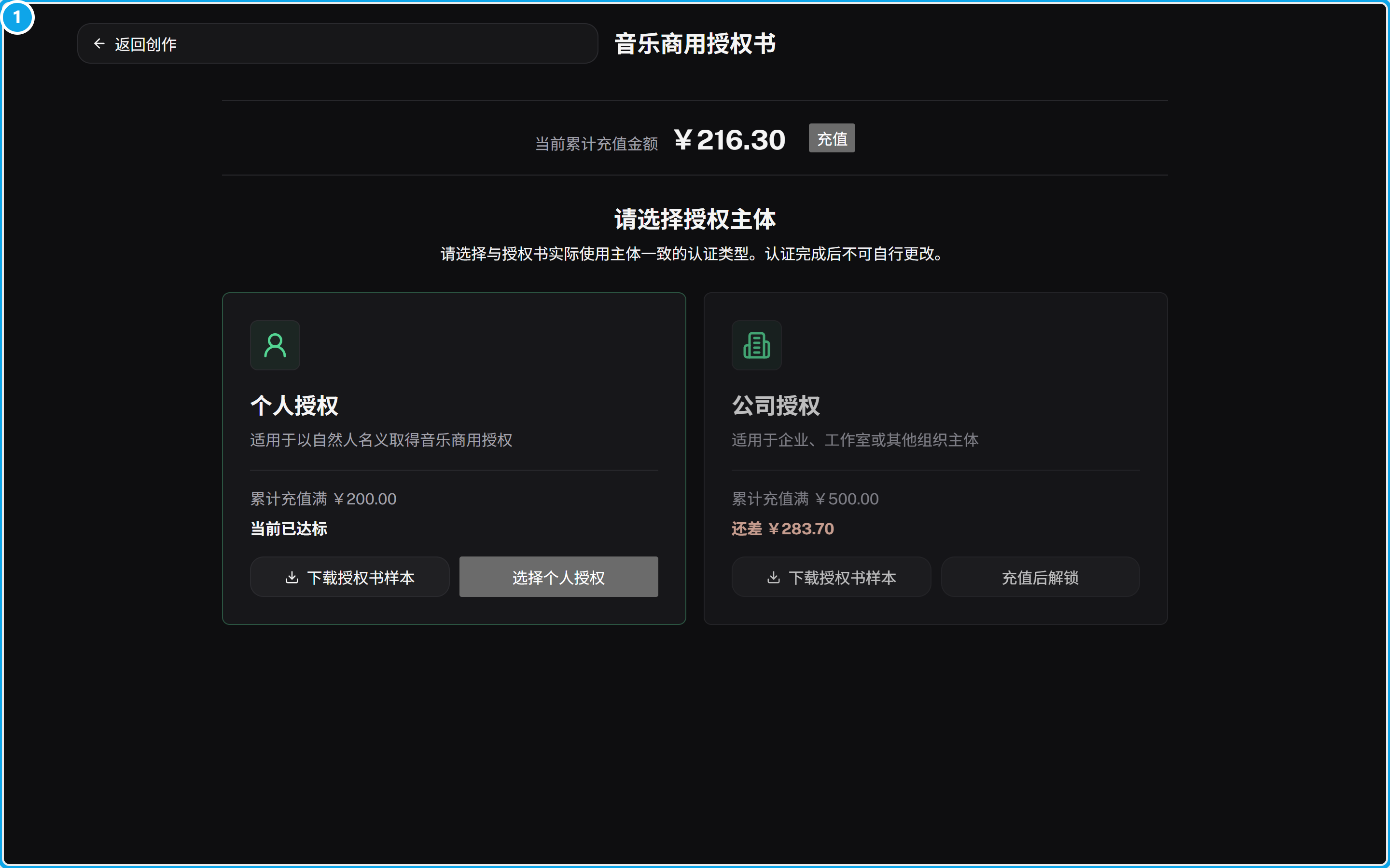 音乐商用授权书页面